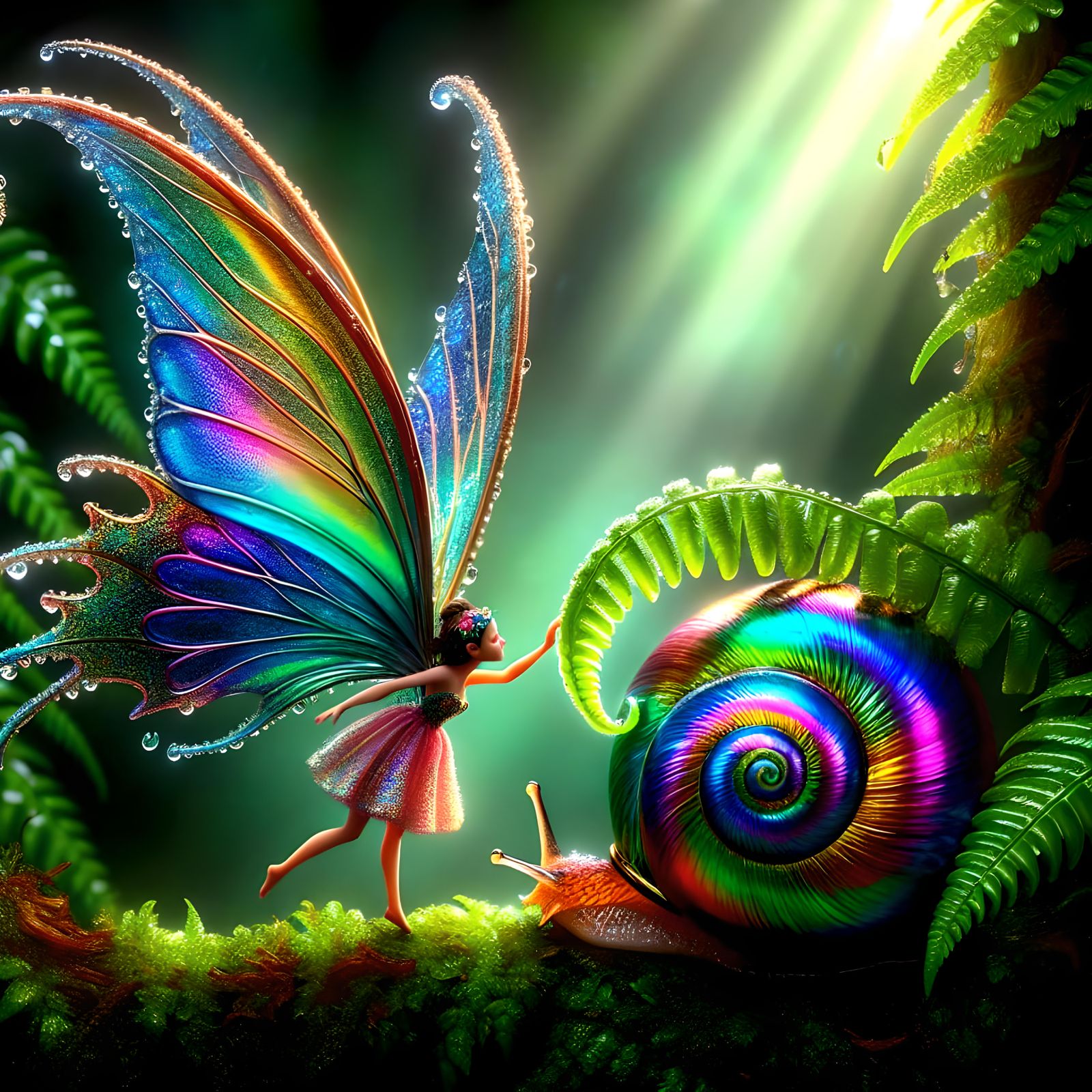 Beautiful tiny fairy with shimmering iridescent wings riding...