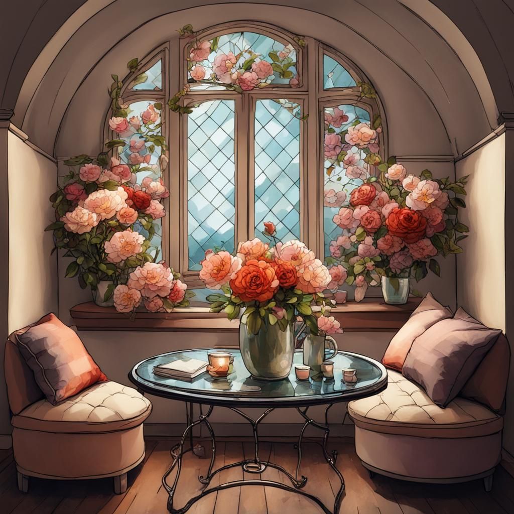 Cozy Room Interior with Pillows and Flowers