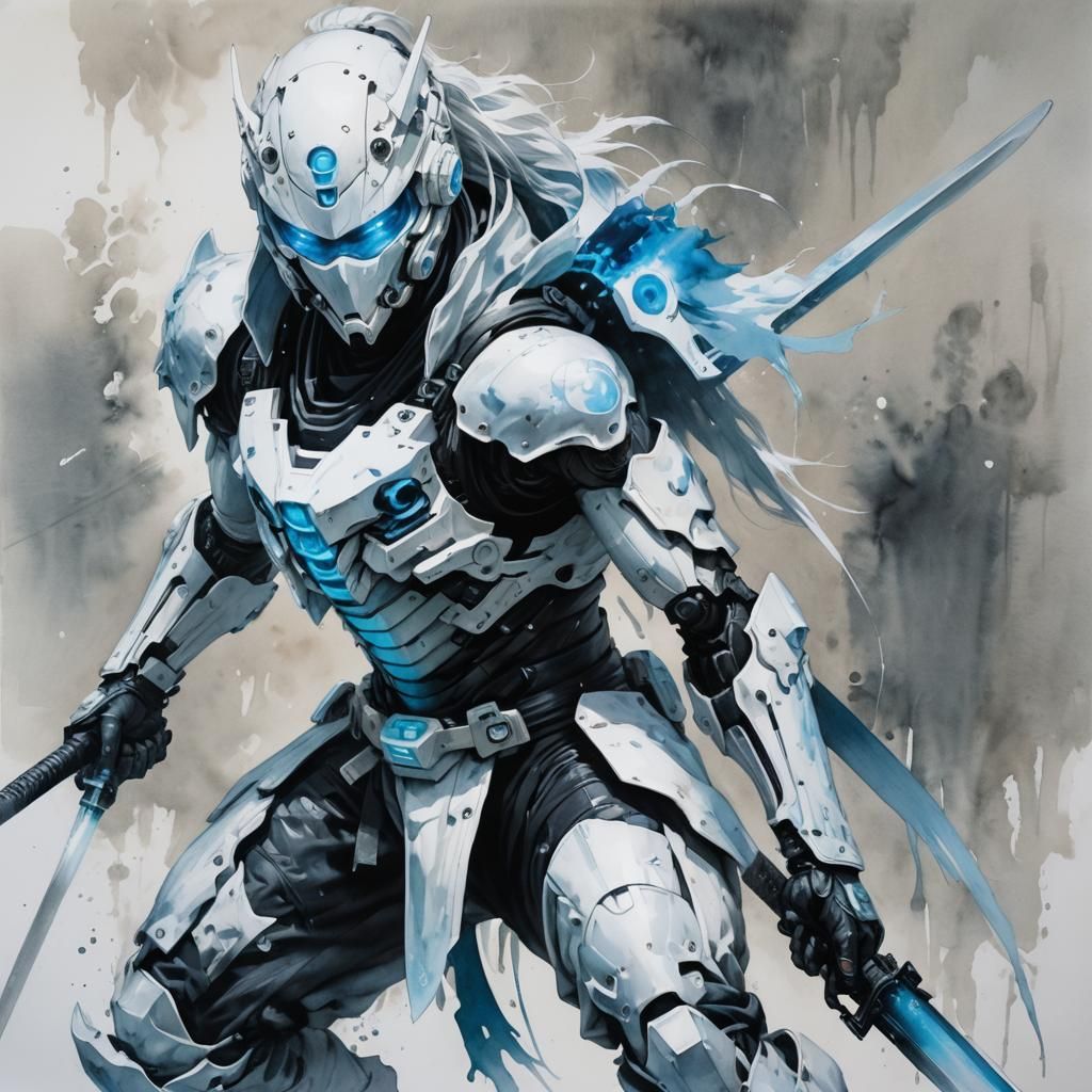 Cyberpunk Ghost Ninja with Oni Mask in Watercolor Style