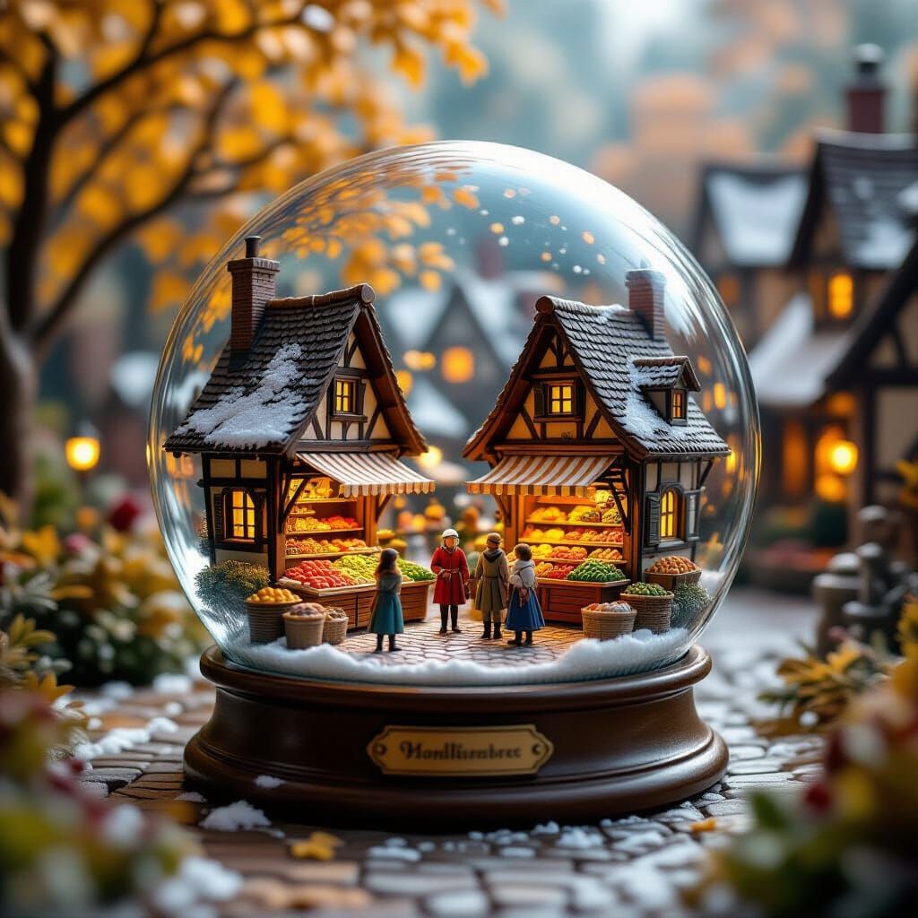 Medieval Marketplace Snow Globe in Autumn Forest