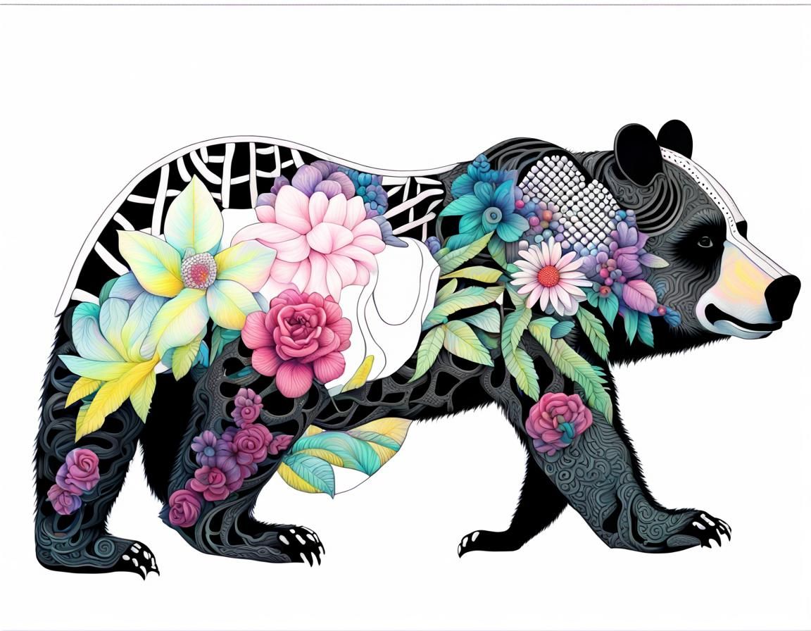 Zentangle Bear with Flower Tattoos in Vaporwave Style