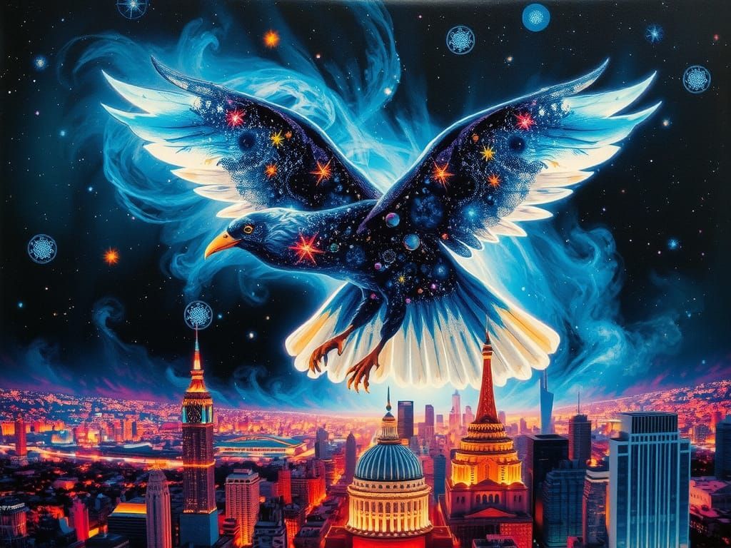 Celestial Bird in Flight over Polychromatic Cityscape
