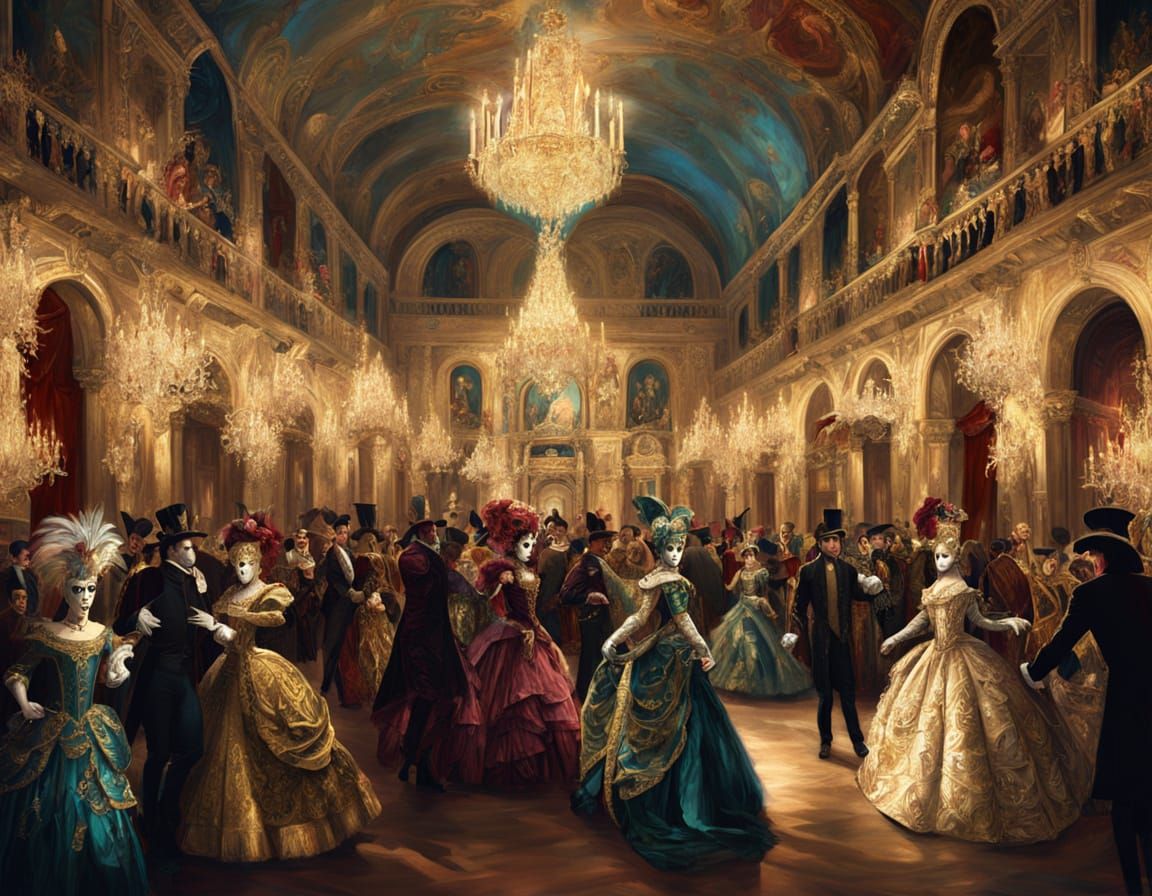 Venetian Masquerade Ball: Opulent Renaissance Oil Painting