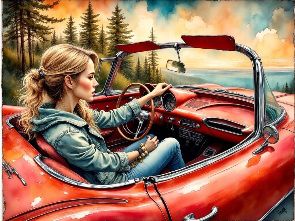 Woman and Father Driving Corvette, Syd Mead Style