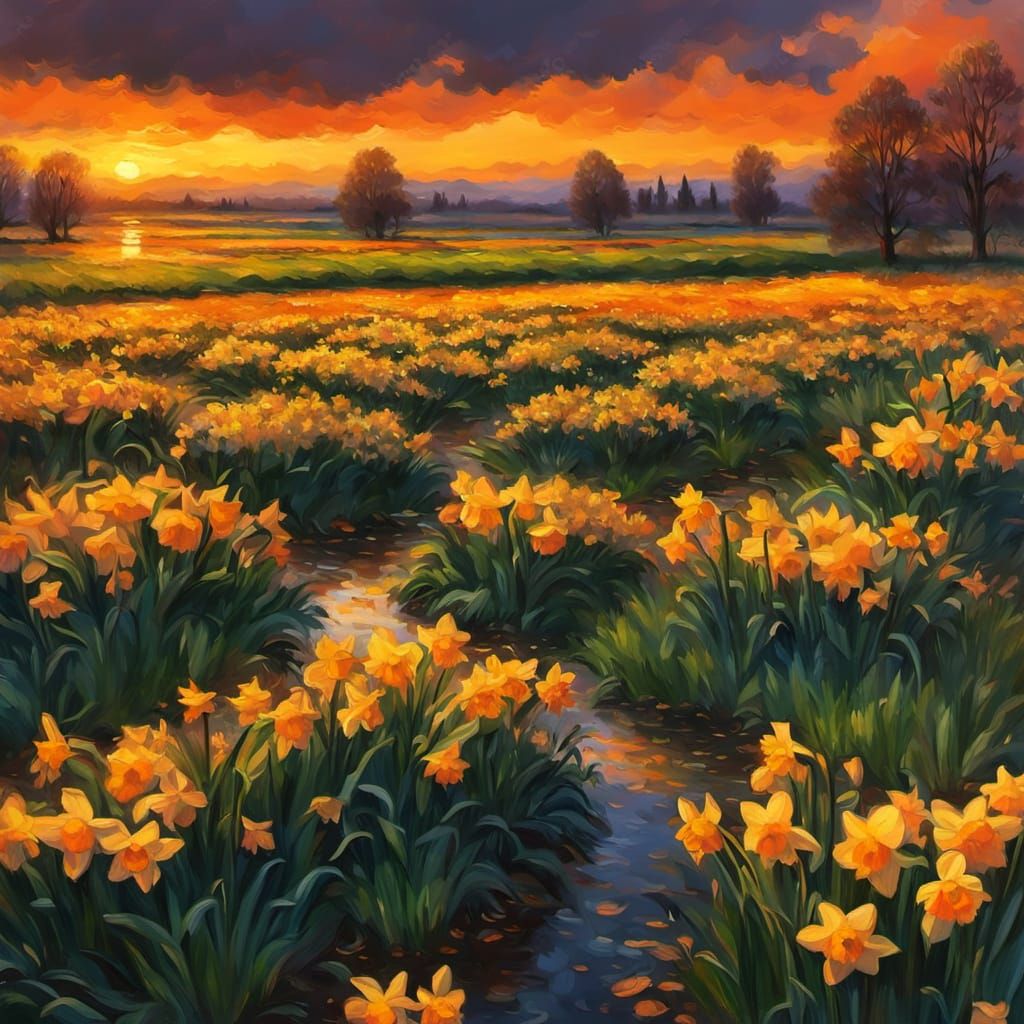 Daffodils at Sunset: Impressionist Golden Landscape