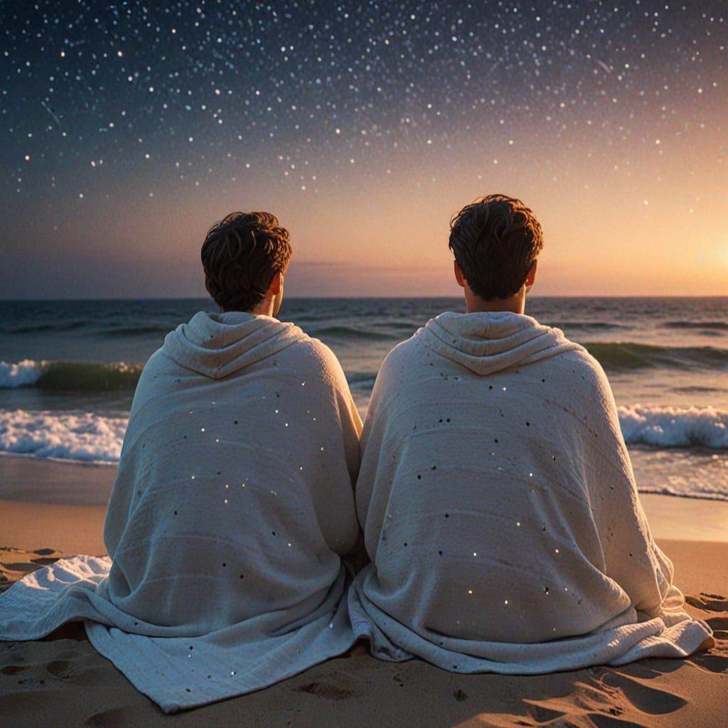 Peaceful Starry Night Beach Scene with Two Men