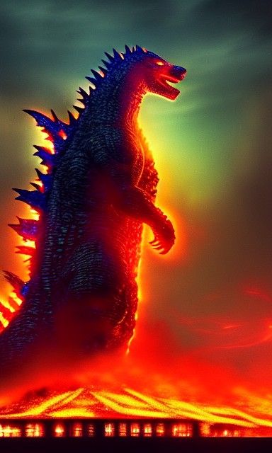 Godzilla in Burning City: Neon Comic Art