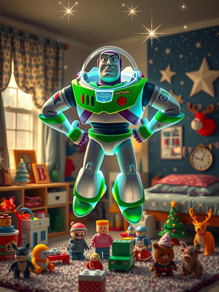 Neon Buzz Lightyear in Futuristic Christmas Scene