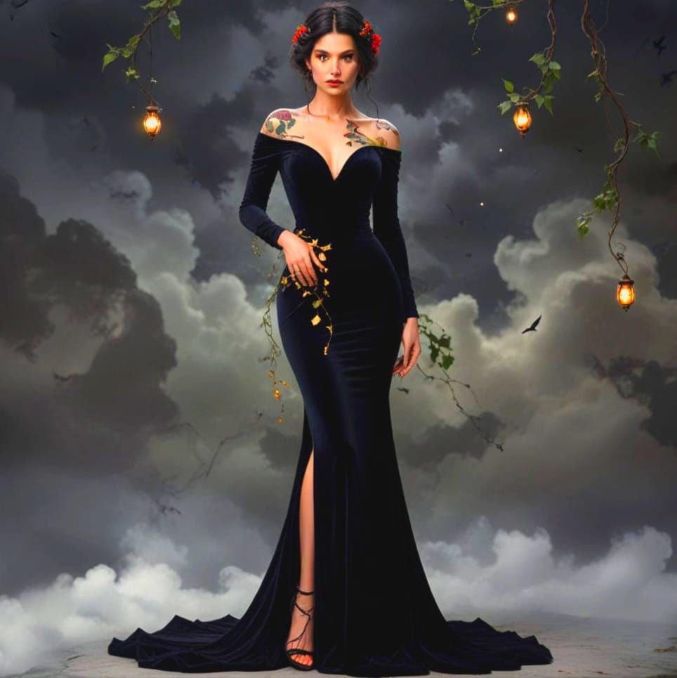 Elegant Woman Amidst Stormy Nature, with Intricate Botanic T...