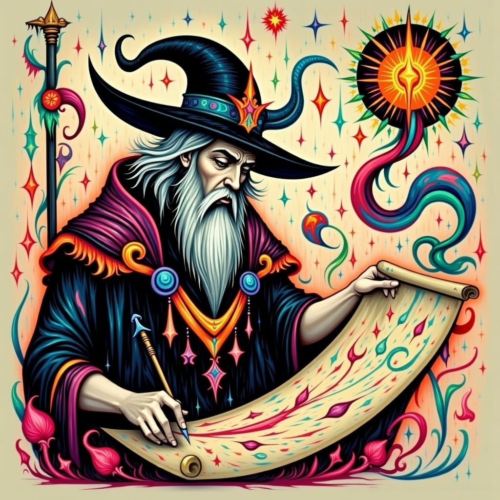 Monk Writing with Mythical Gothic Patterns