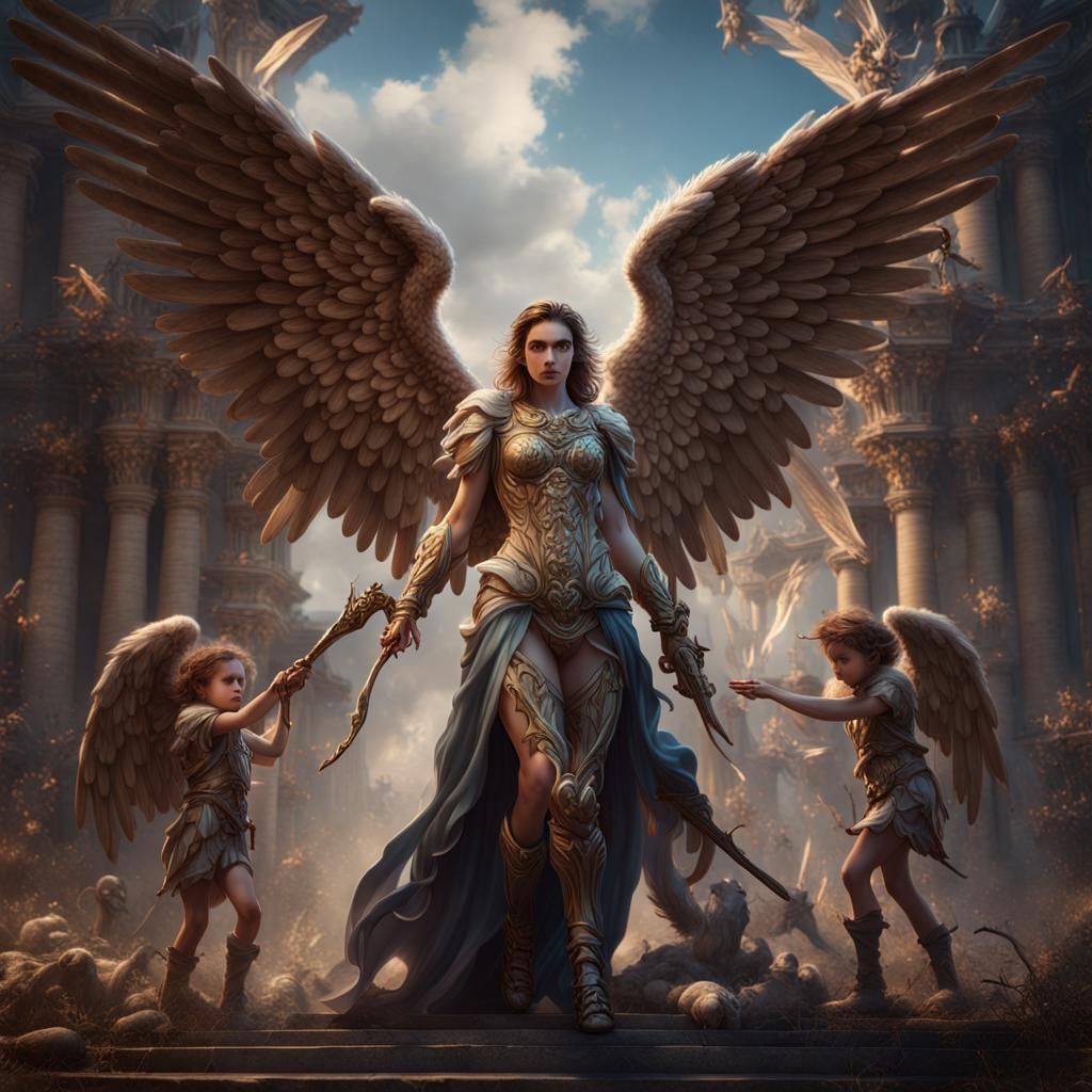 Archangel and Children Fighting Evil in Detailed Matte Paint...