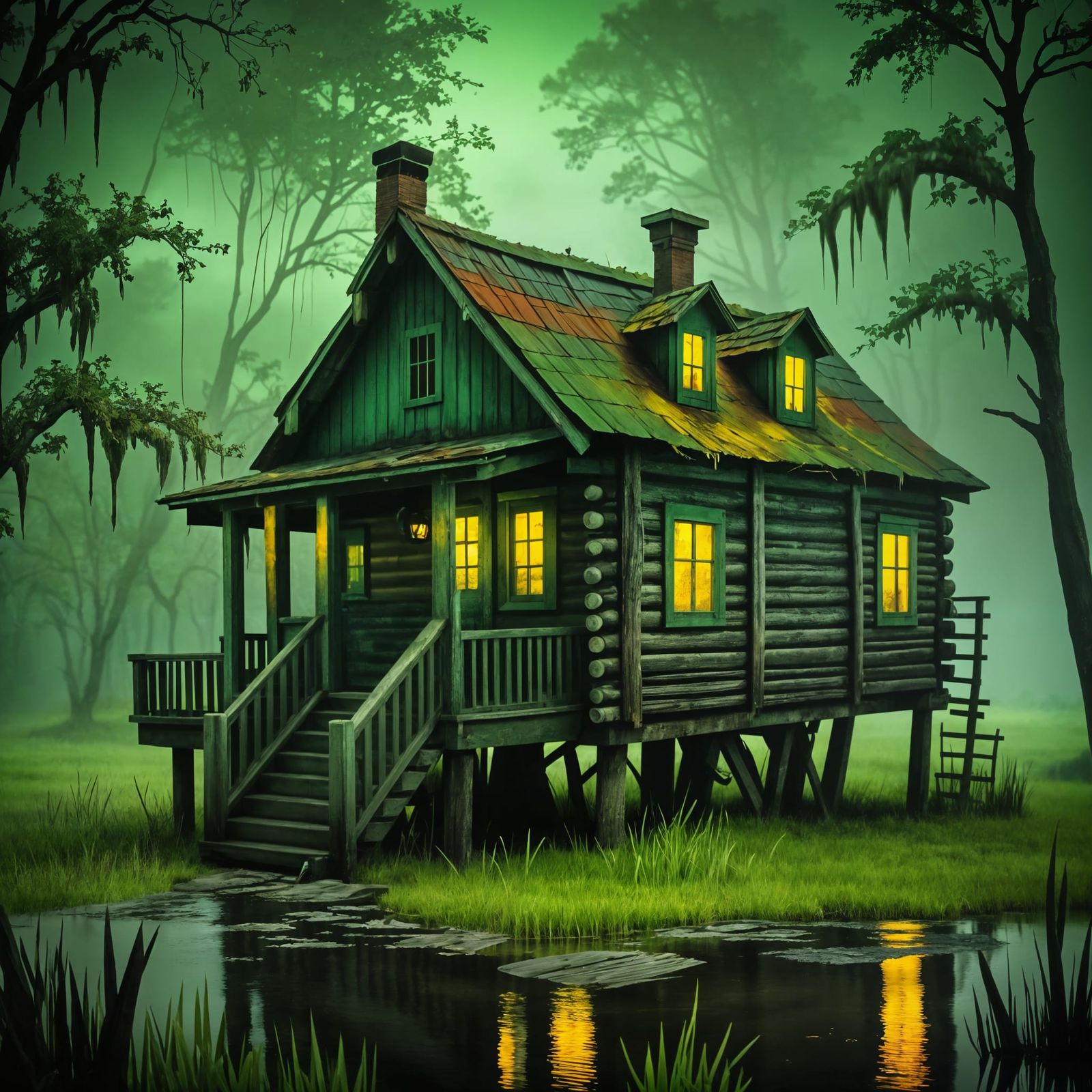 The Green Wooden Cabin In the Foggy Swamp