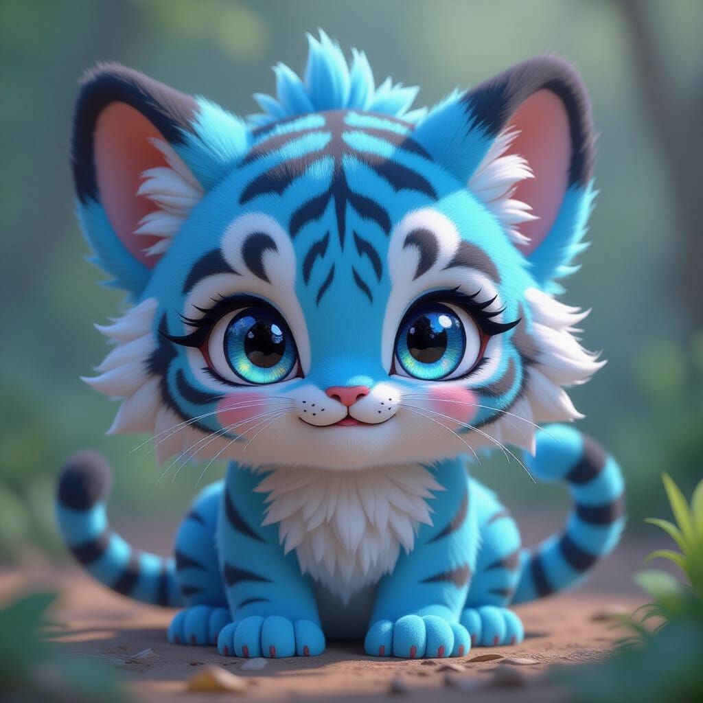 Anime Style Blue Tiger with Round Eyes