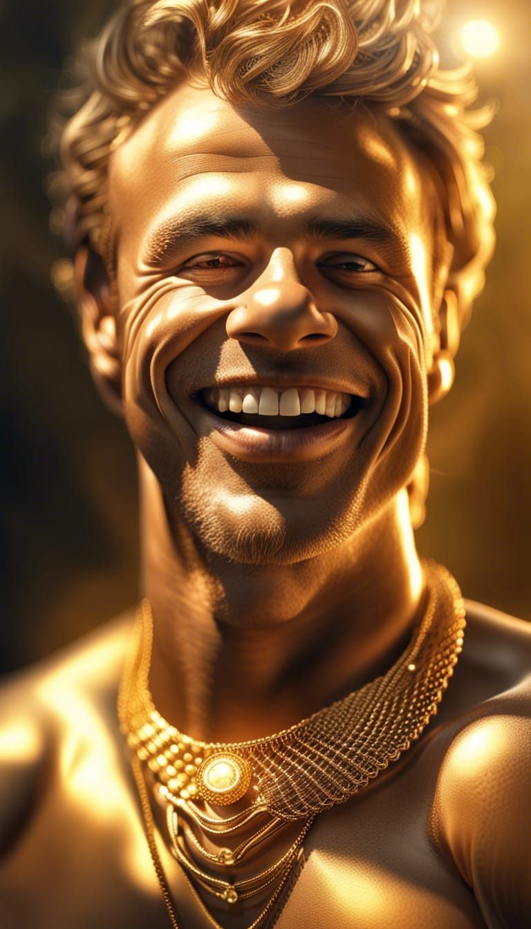 Hyperrealistic Man with Golden Jewelry in Sunlight