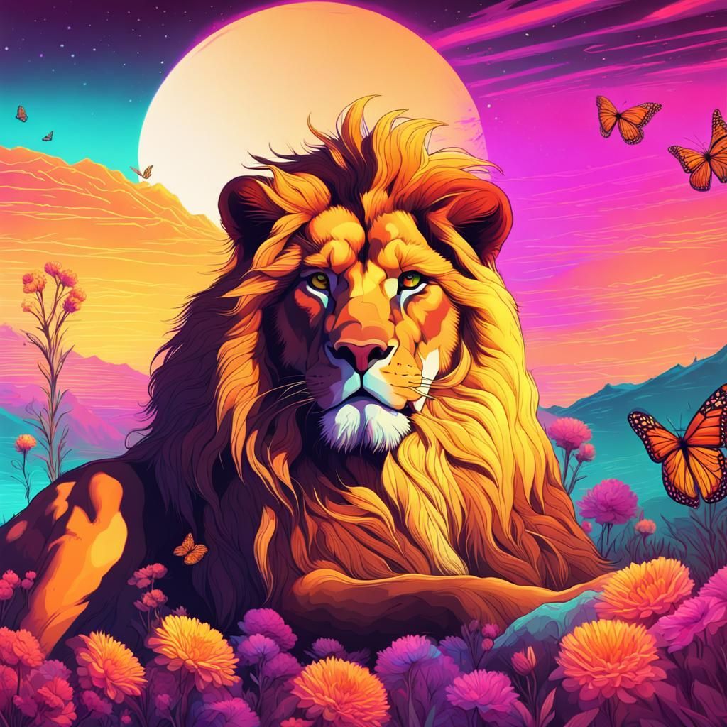 Majestic Lion in a Synthwave Landscape