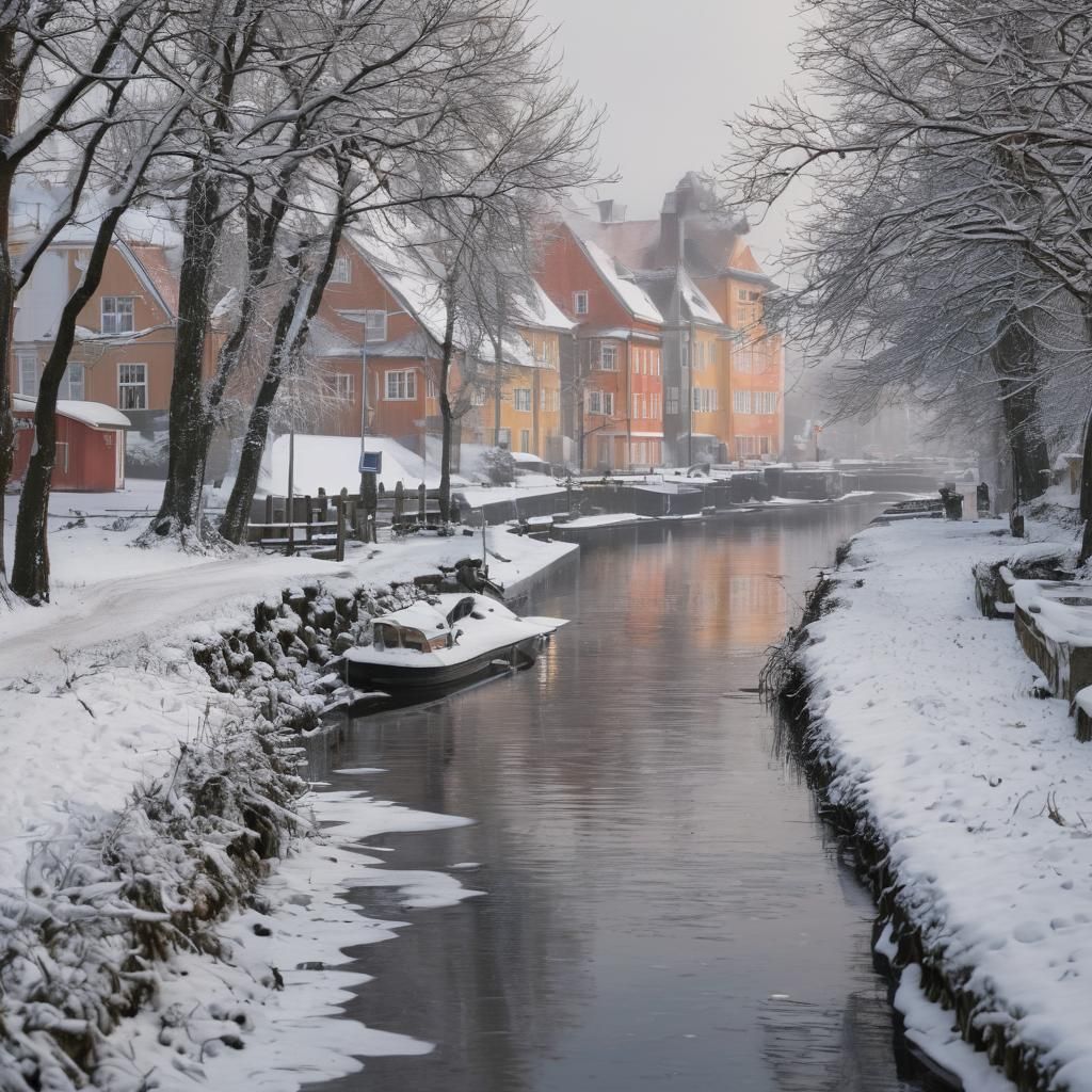 Winter Landscape in Denmark: Snow-Covered Canals