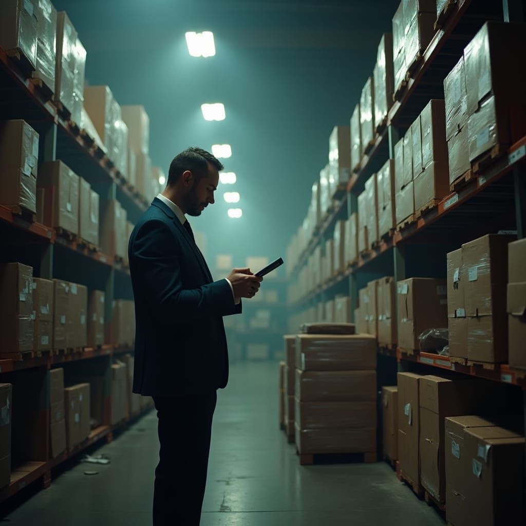 Auditor Inspects Inventory in Cinematic Warehouse Scene