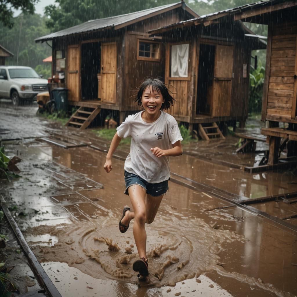 Joyful Girl Runs Through Rain in Cinematic Style