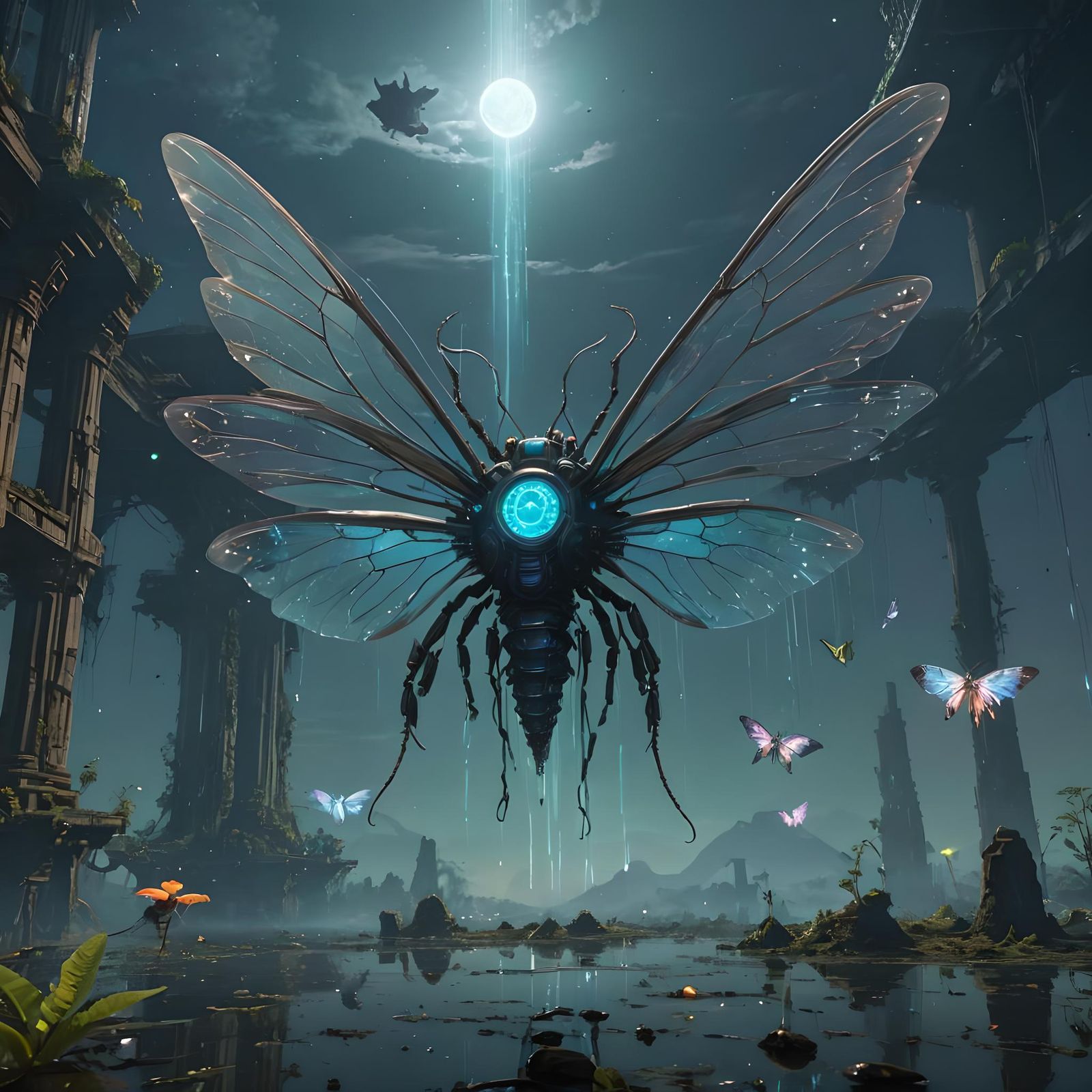 Holographic Biopunk Temple with Bioluminescent Wings