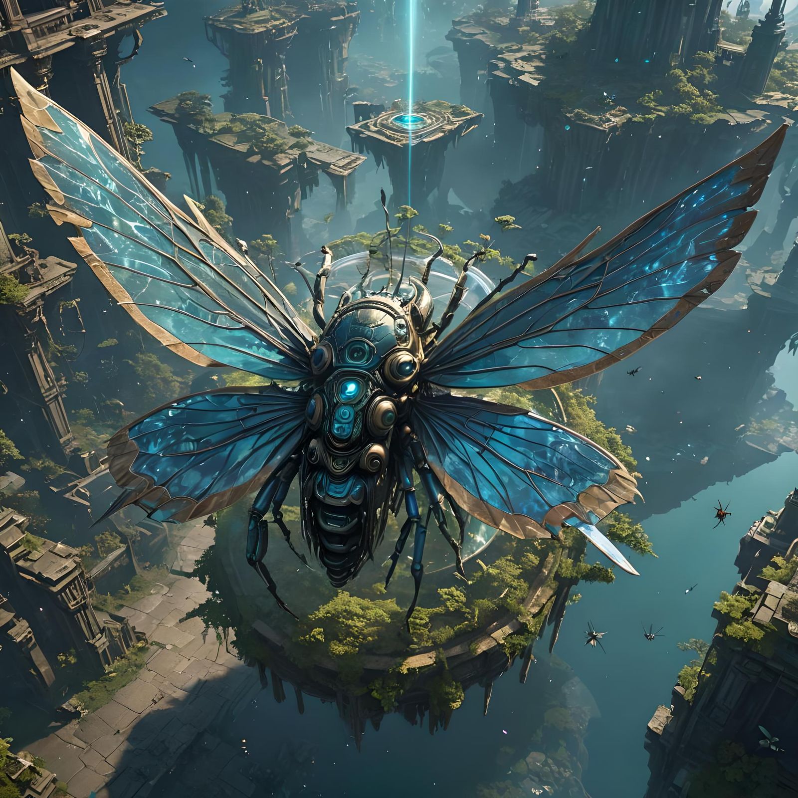 Floating Temple with Bioluminescent Wings: Biopunk SolarPunk...