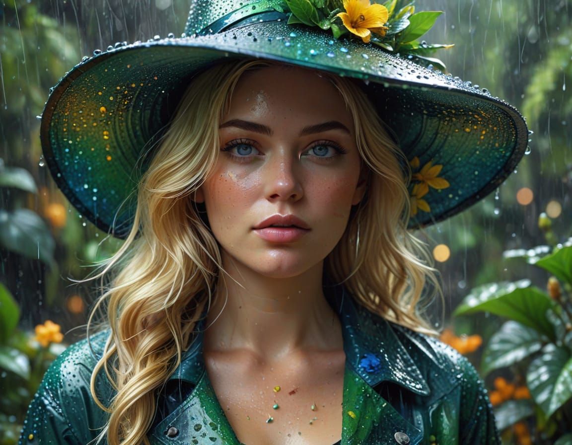 Botanical Garden: Woman in Rain, Digital Oil Painting