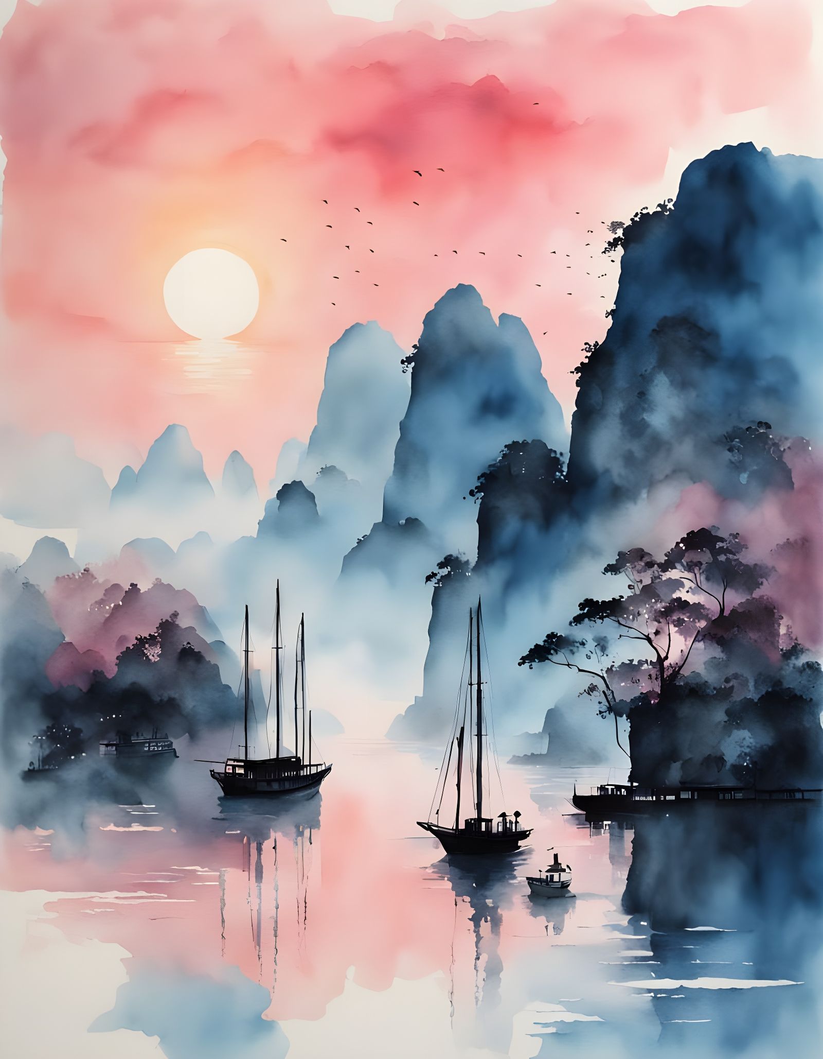 Halong Bay Sunset in Asian Watercolor Style