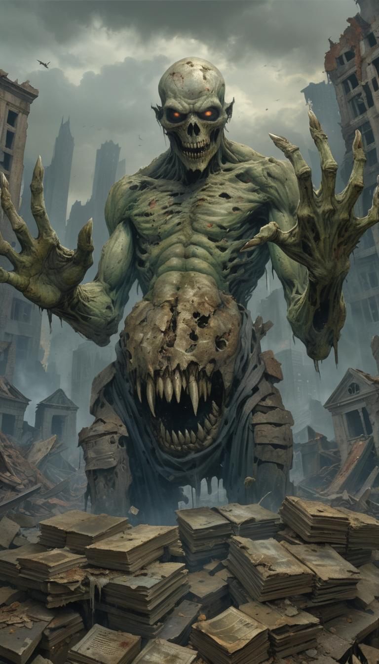 Grotesque, Headless Entity Towers Over a Ruined City in a St...