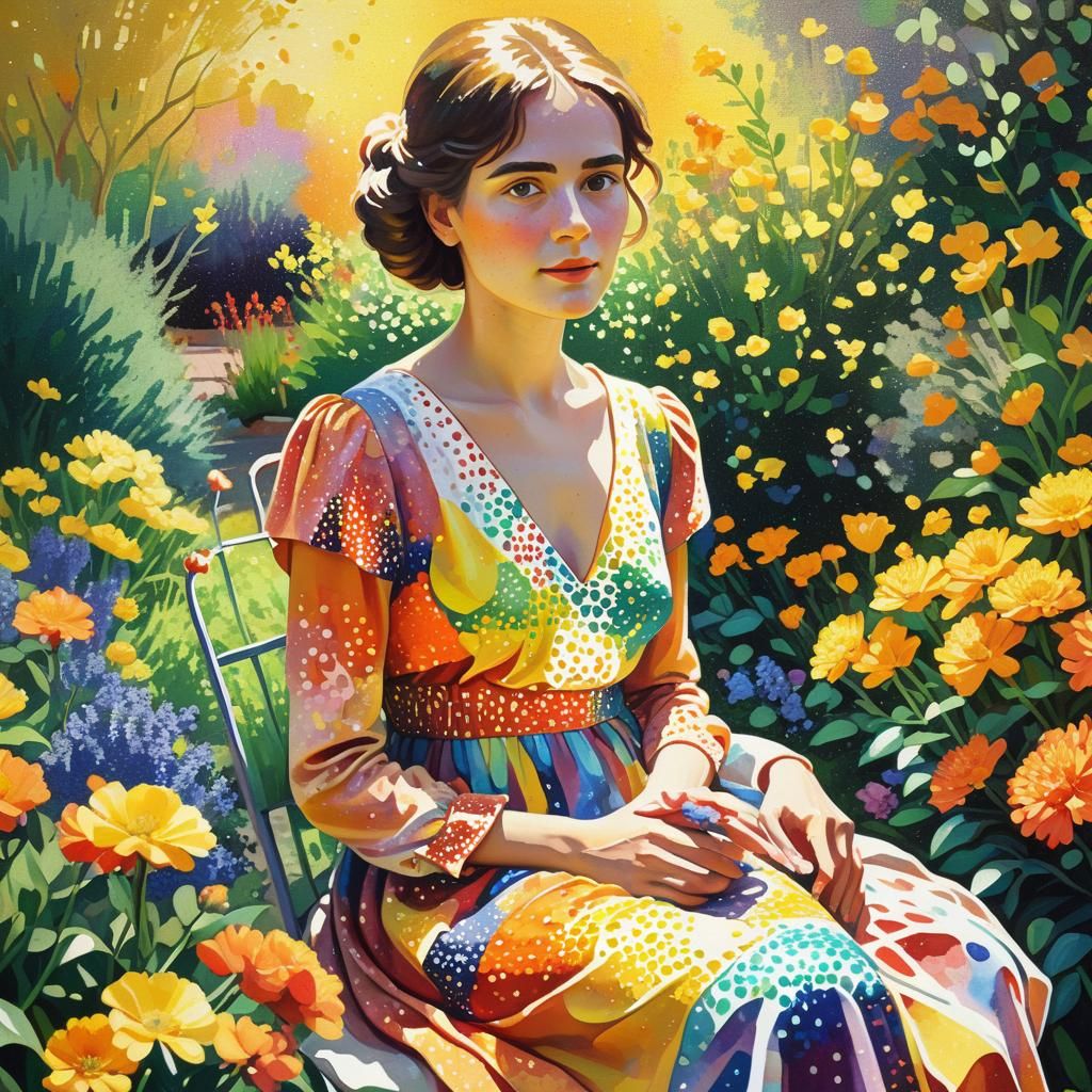 Pointillist Woman in Garden with Fauvist Colors