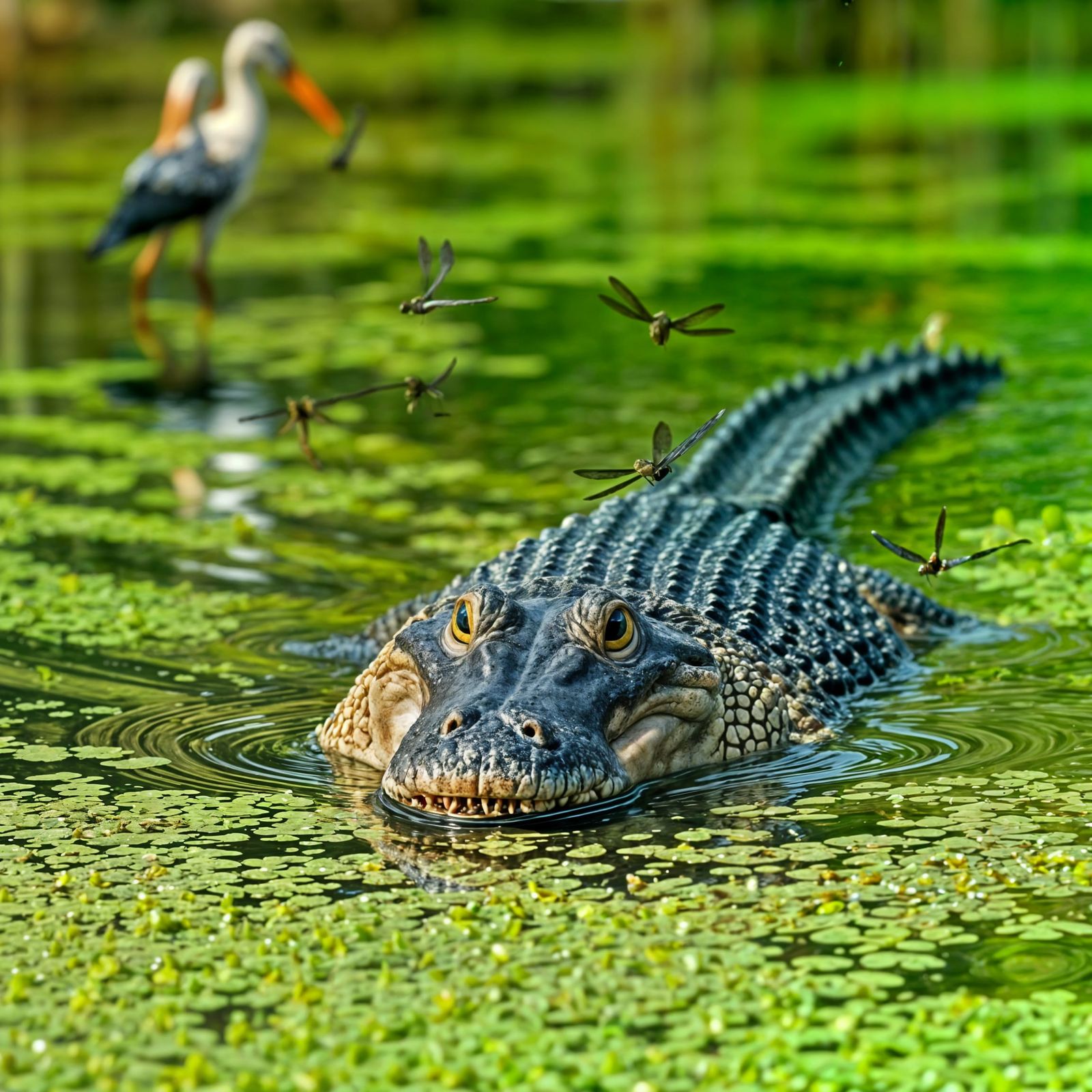 Crocodile Moving Through Water with Dragonflies