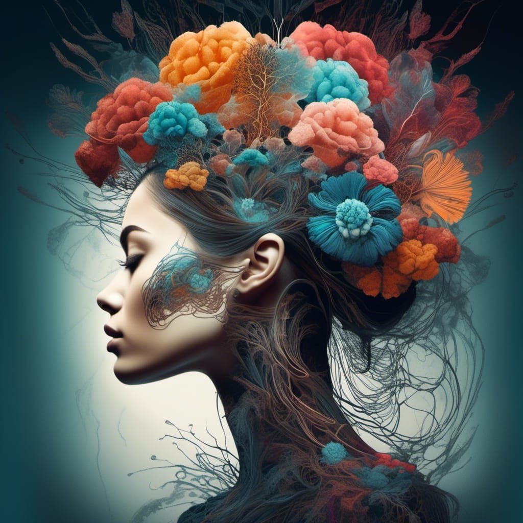 Woman's Brain Scan in Double Exposure Art