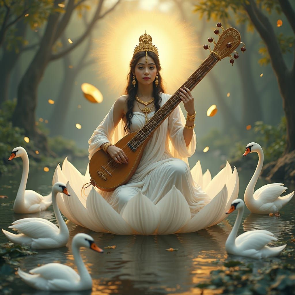 Saraswati on Lotus in Sacred River Landscape