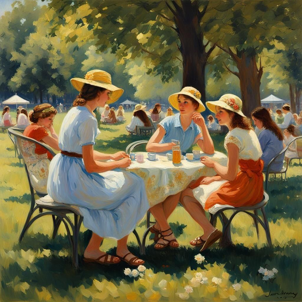 Young Women Socializing in Park, Oil Painting