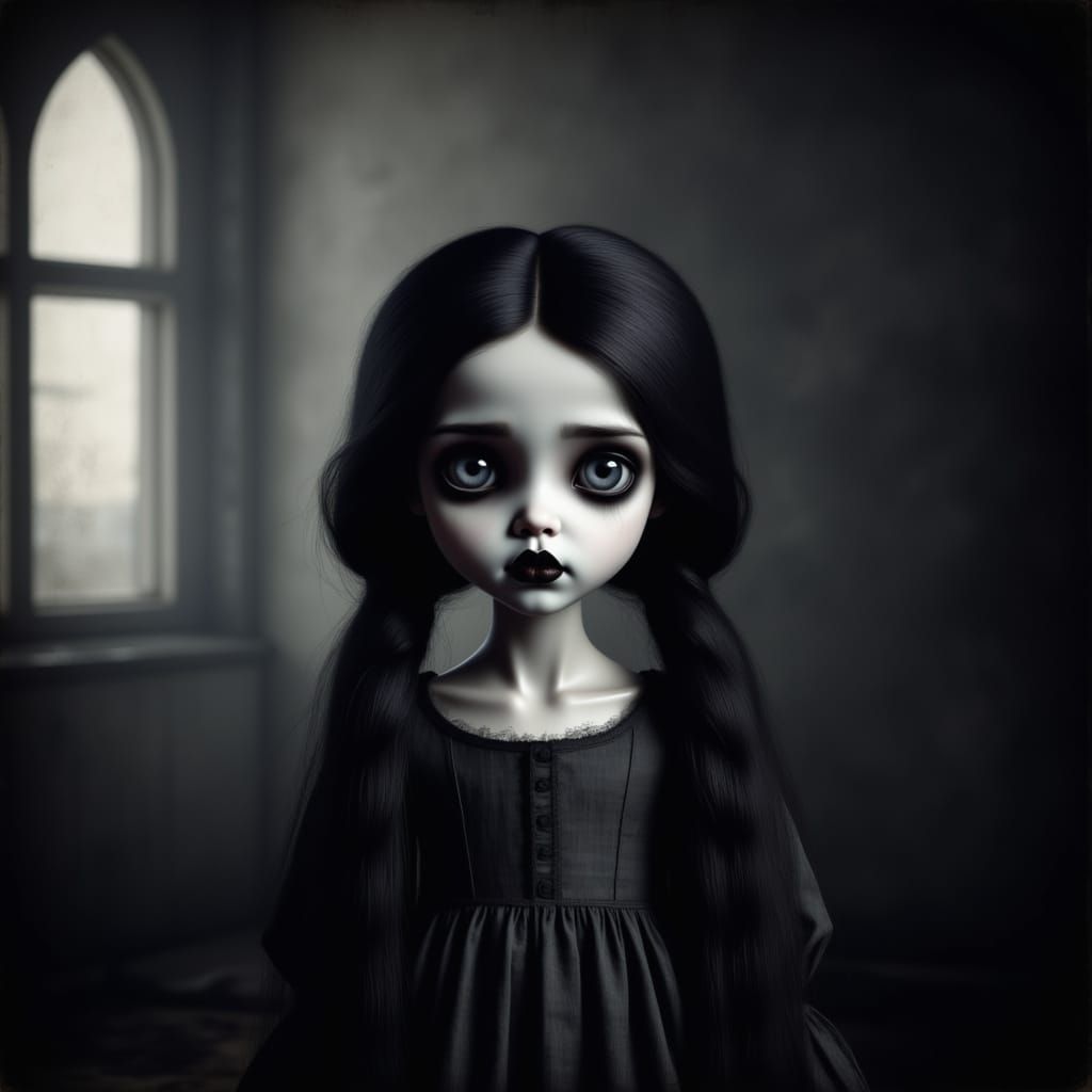 Wednesday Addams in Dimly Lit Room with Volumetric Lighting