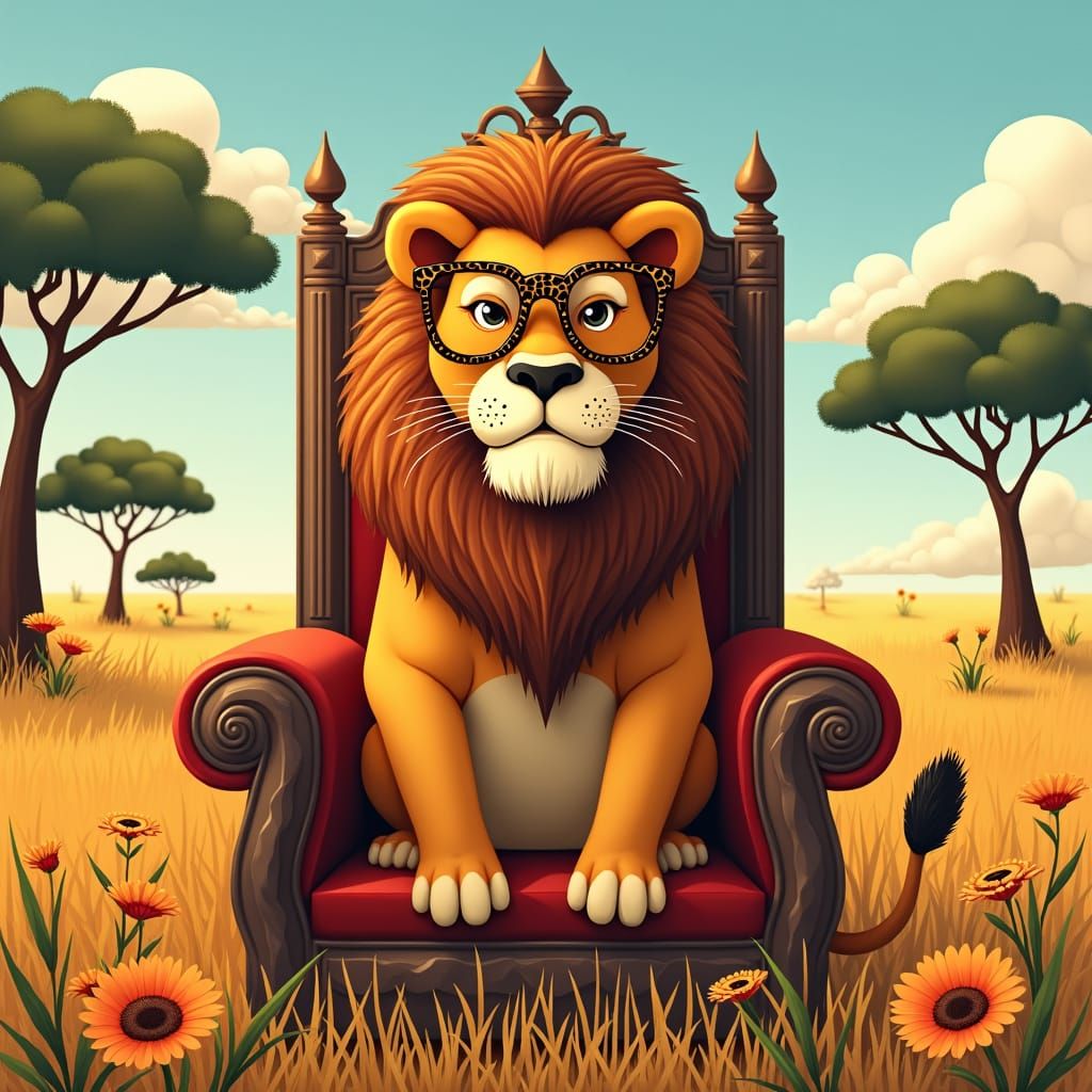 Lion King with Glasses on Savannah Throne