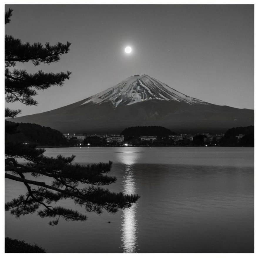 Monochrome Japanese Landscape with Red Moon in Sumi-e Style