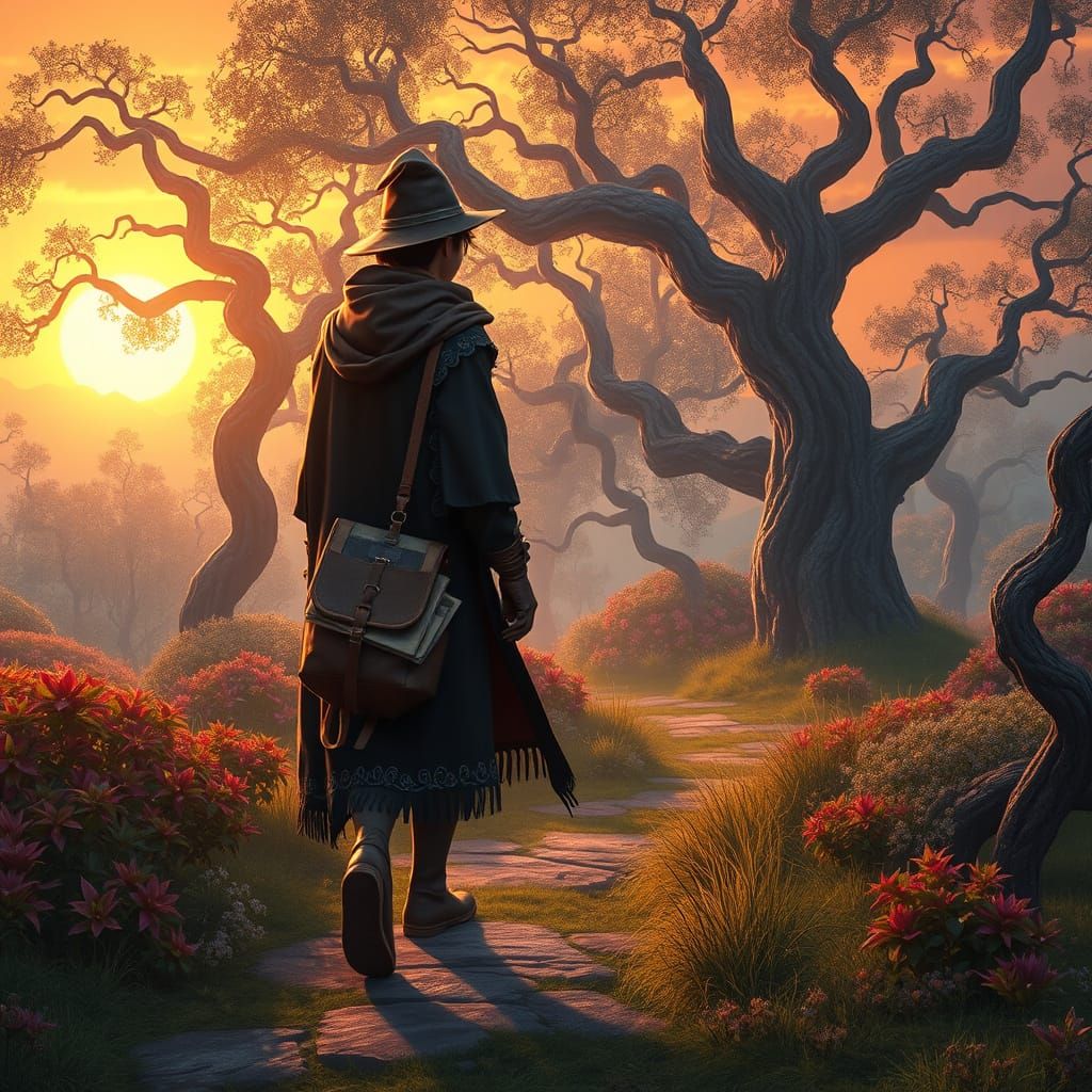 Messenger in Whimsical Sunrise Scene