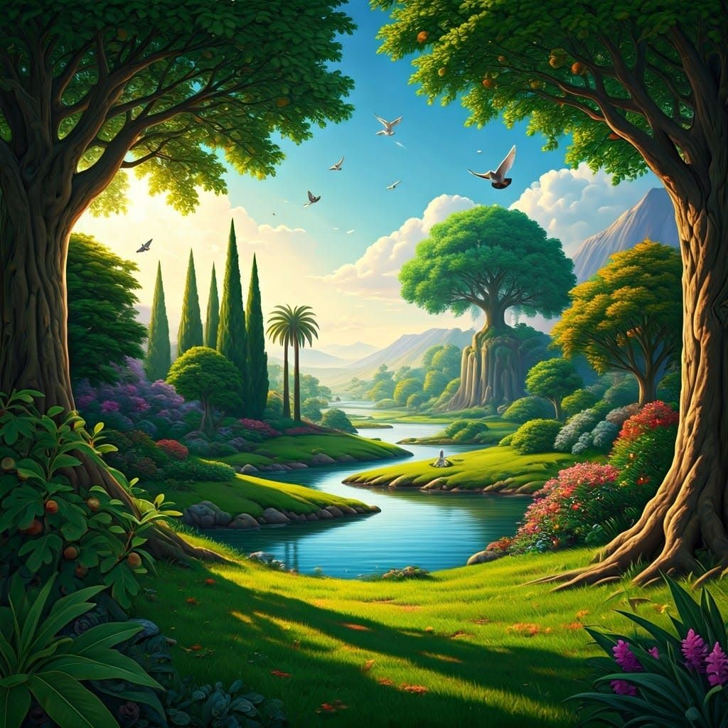 Lush Garden of Eden in Pre-Raphaelite Style