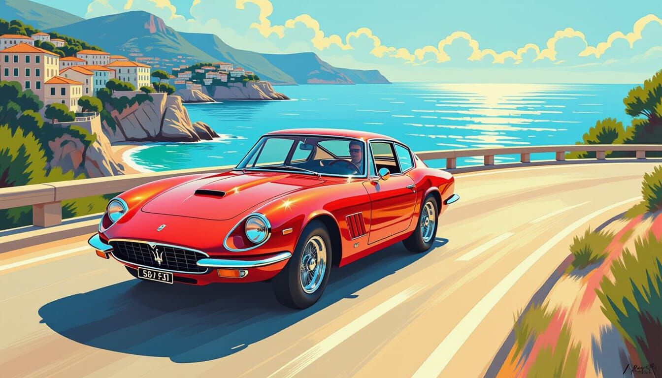 Crimson Maserati Mistral on Riviera, Impasto Style