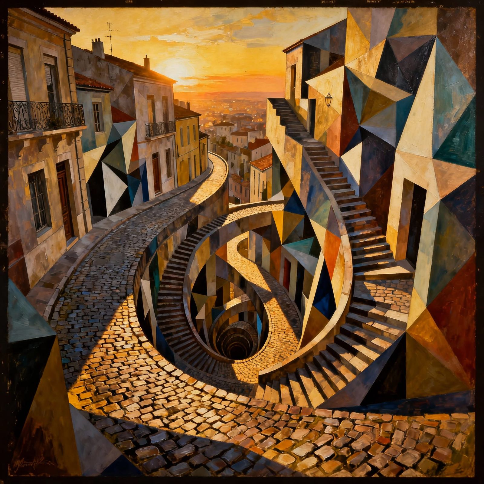Escher-Inspired Cobblestone Street Optical Illusion