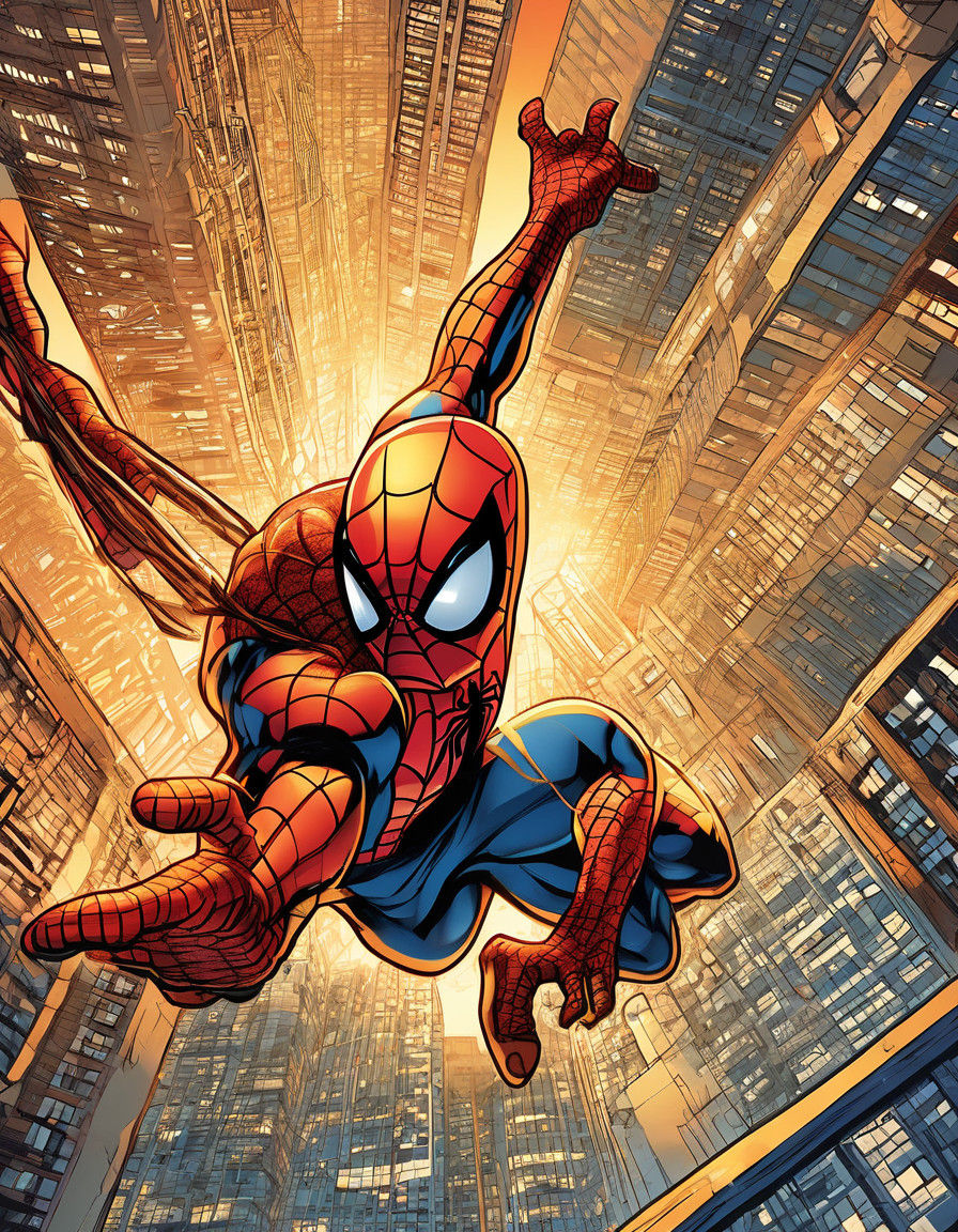Comic Book Art of Spiderman in Dramatic Sunset Skyscraper Sw...