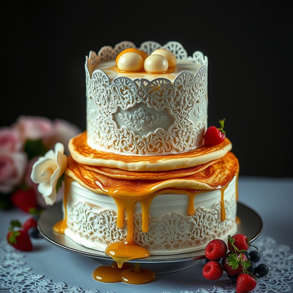 Golden Pancake Wedding Cake in Hyperrealistic Style