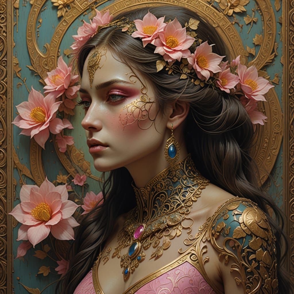 Woman's Body Painted to Match Antique Floral Wall