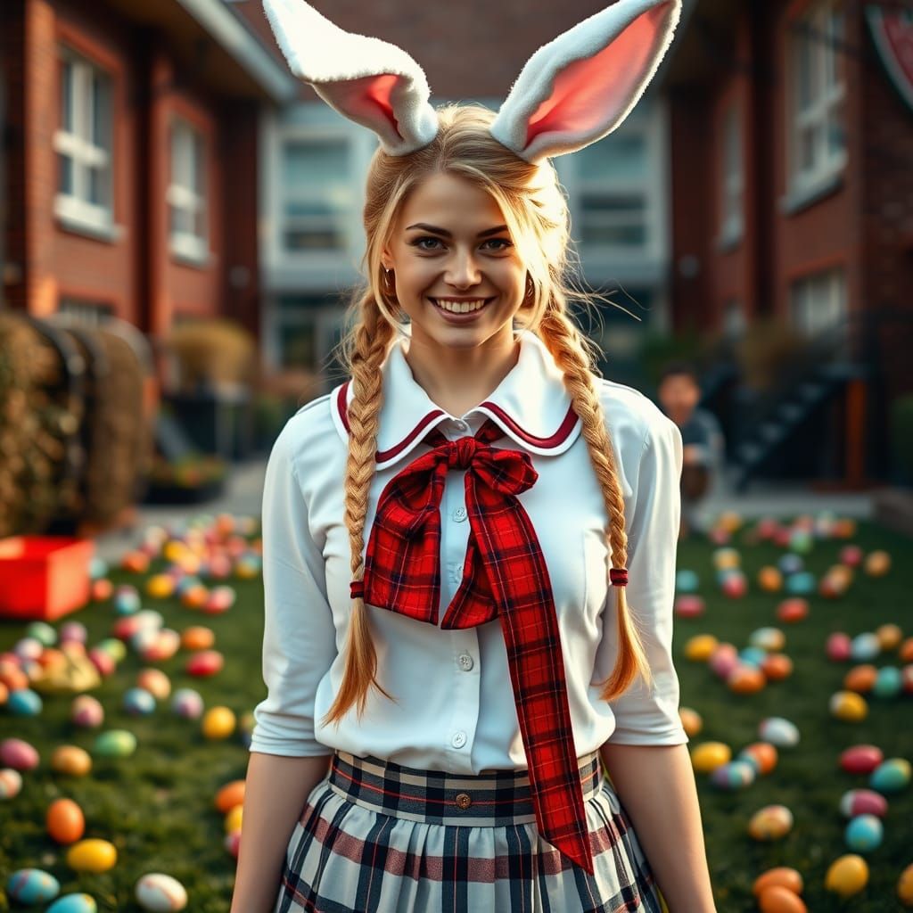 Easter Bunny Schoolgirl in a Whimsical Wonderland