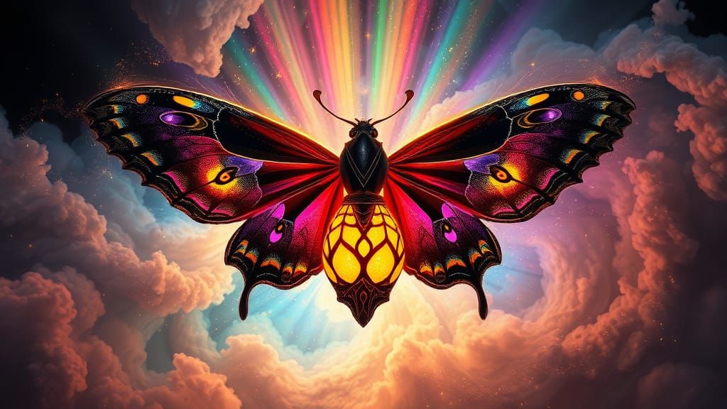 Giant Lunar Moths Swirling Around Fiery Celestial Lantern