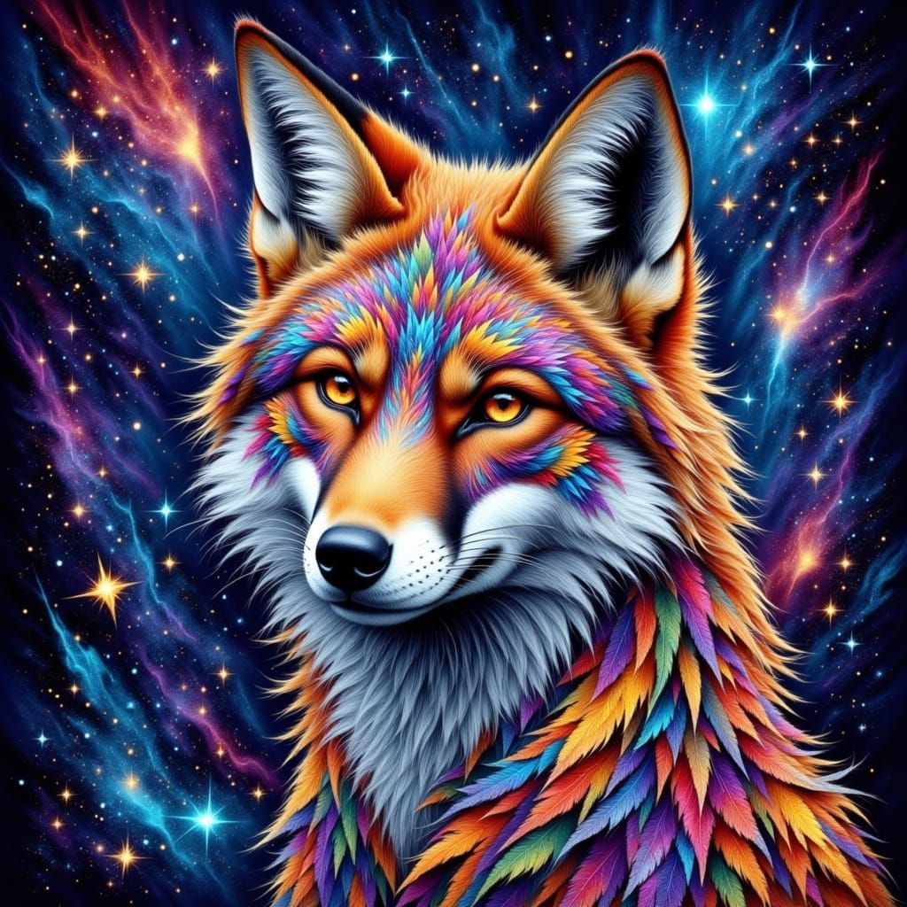 Cosmic Coyote: Shamanic Vision in Stained Glass Watercolor