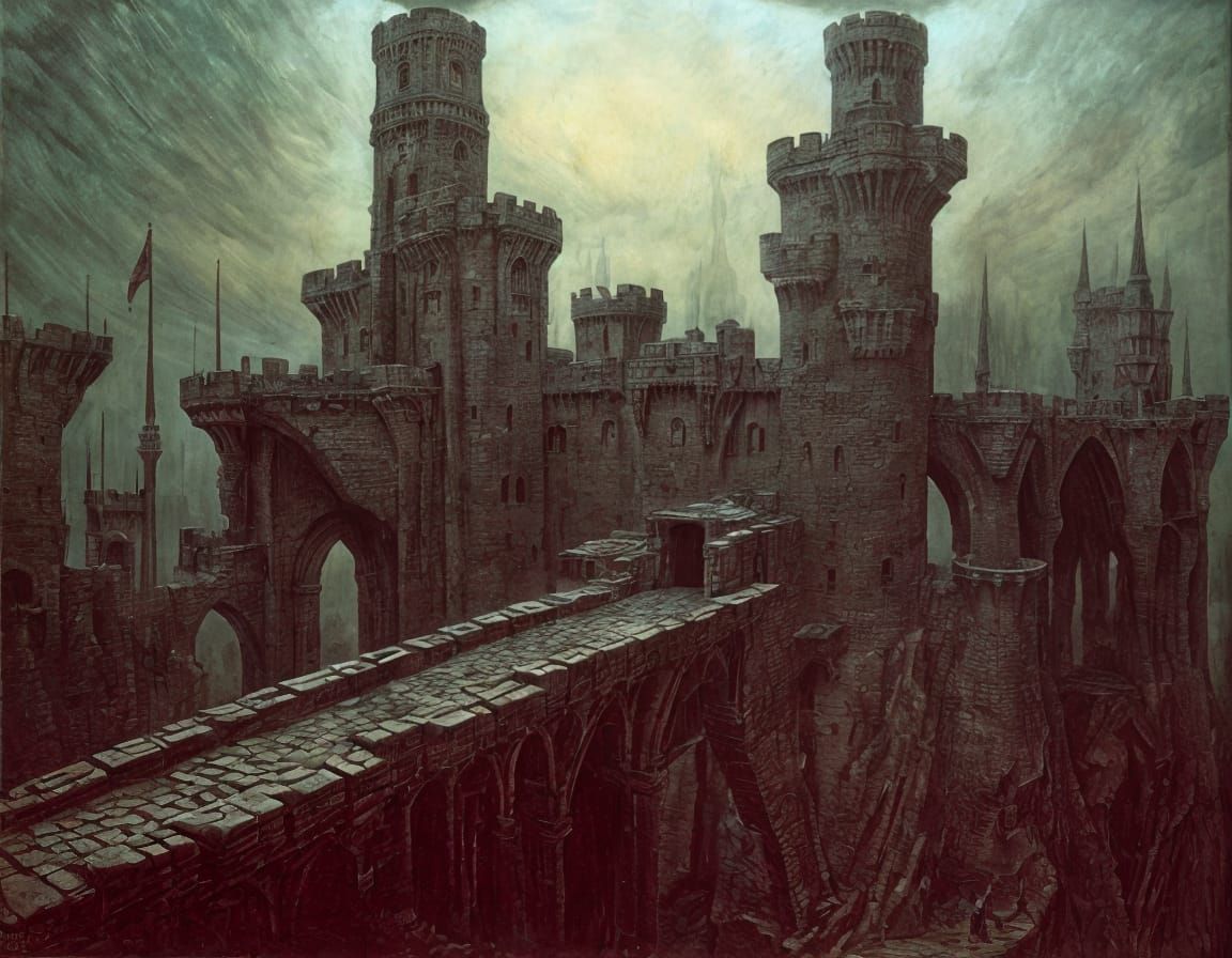 Twisted Castle with Drawbridges and Moats in Dark Surreal La...
