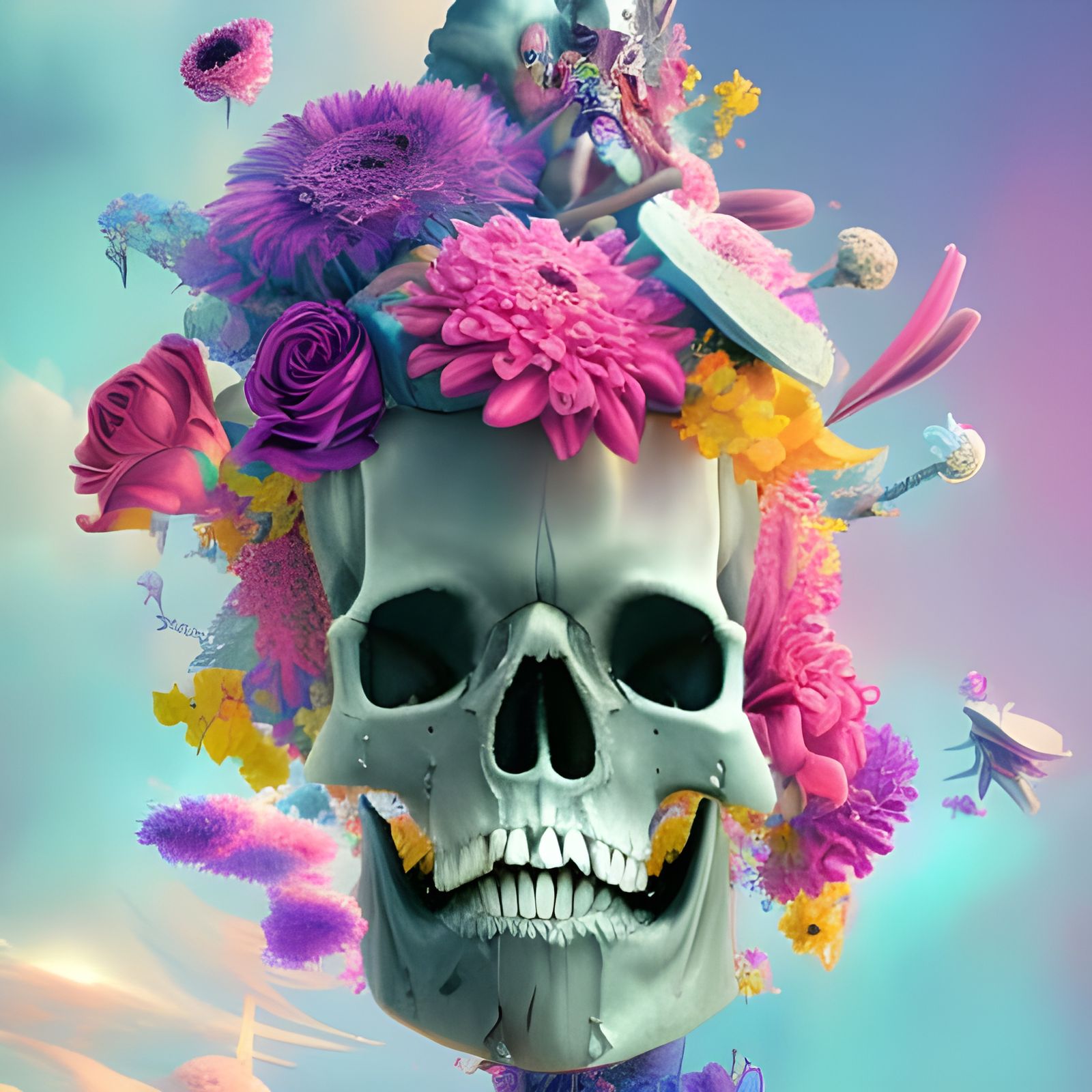 Surreal Skull Tower Overflowing with Pastel Flowers