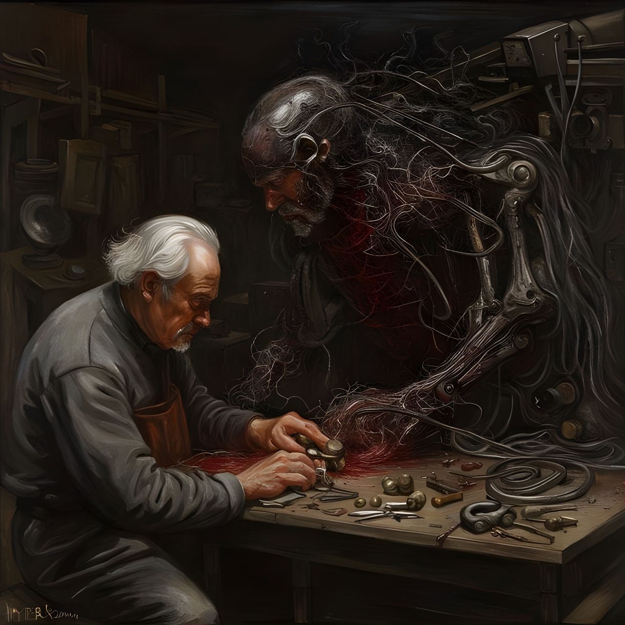 Creature of Sparks and Blood Working on Machine