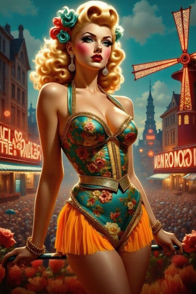 Vintage Moulin Rouge Tightrope Walker in Vibrant Colors