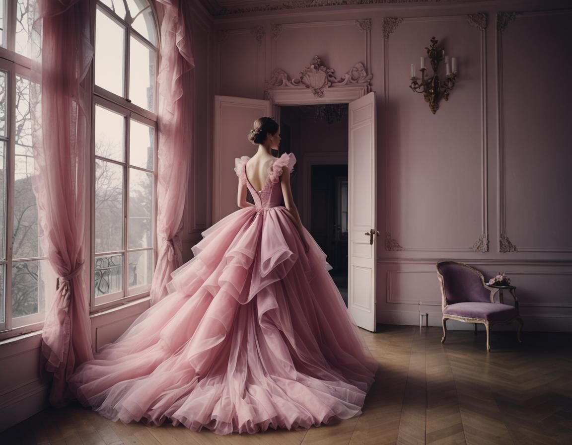 Woman in Pink Tulle Dress: Vogue Editorial Fashion